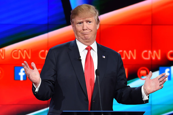 Republican presidential candidate Donald Trump on stage at the Republican Presidential Debate hosted by CNN at The Venetian Las Vegas