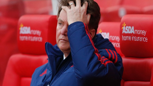 Manchester United manager Louis van Gaal looks dejected