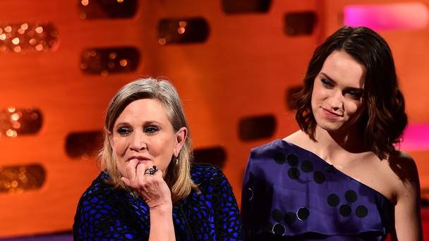 Carrie Fisher and Daisy Ridley during the filming of the Graham Norton Show