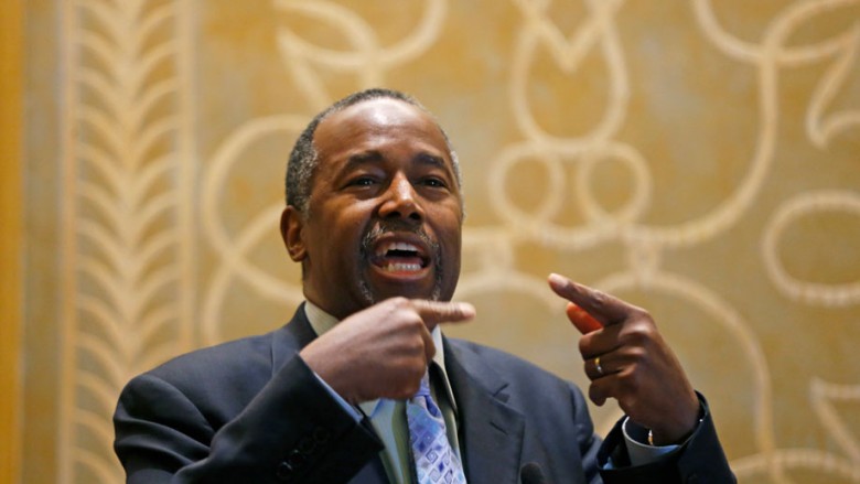 Republican presidential candidate Ben Carson makes a brief stop to speak to the media following an event at the Peninsula Hotel in Chicago on Thursday Dec. 10 2015