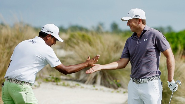 Indian golfer Anirban Lahiri congratulates world No 1 Jordan Spieth after the Texan hit an ace at the Hero World Challenge