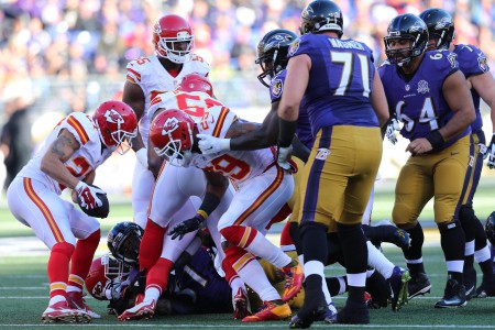 Dec 20 2015 Baltimore MD USA Kansas City Chiefs safety Tyvon Branch picks up a Baltimore Ravens fumble and runs it for a touchdown at M&T Bank Stadium. Mandatory Credit Mitch Stringer-USA TODAY Sports