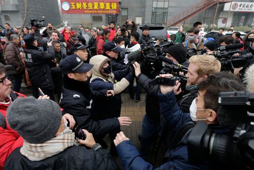 Police in China shoved protesters outside a high-profile free speech trial