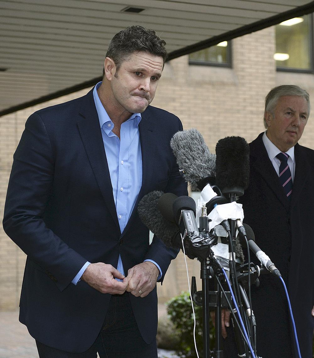 Chris Cairns speaks to members of the media outside Southwark Crown Court in London Britain on Monday