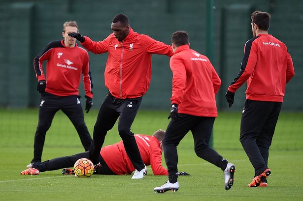 Christian Benteke trains with his Liverpool team-mates at Melwood ahead of the Boxing Day game against Leicester City