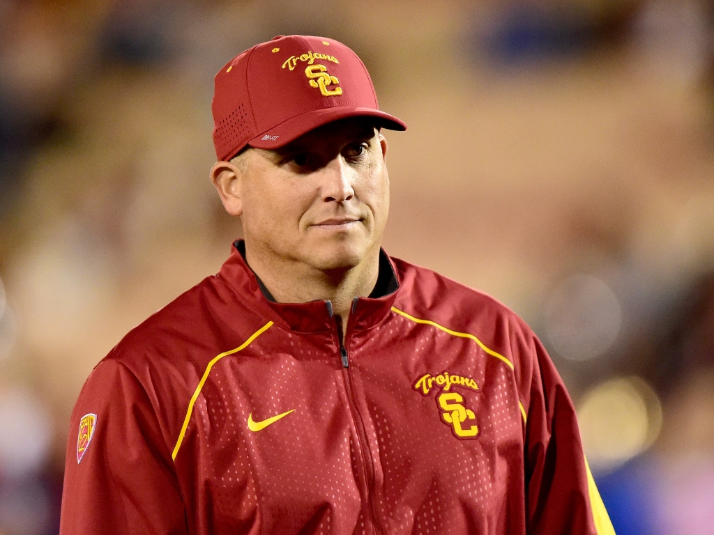 LOS ANGELES CA- NOVEMBER 07 Head coach Clay Helton of the USC Trojans before the game against the Arizona Wildcats at Los Angeles Coliseum