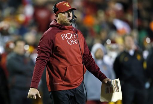 Southern California head coach Clay Helton roams the sideline in the second half of an NCAA college football game against Colorado in Boulder Colo. Southern California hired Helton as its permanent coach