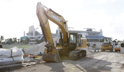 Construction equipment is shown in the parking lot of Sun Life Stadium Tuesday Dec. 29 2015 in Miami Gardens Fla. Oklahoma is scheduled to play Clemson in the Orange Bowl NCAA college football game on New Year's Eve