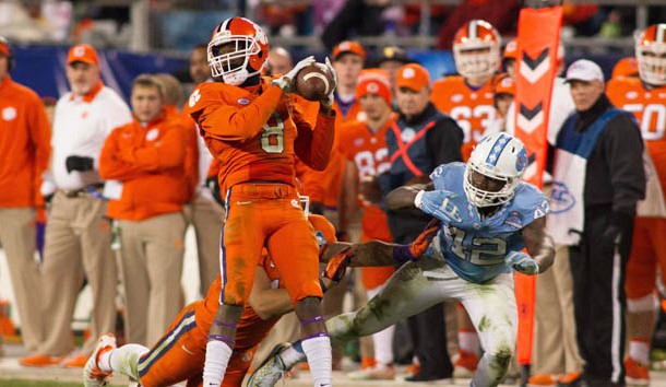 Dec 5 2015 Charlotte NC USA Clemson Tigers wide receiver Deon Cain catches a pass during the second quarter against the North Carolina Tar Heels in the ACC football championship game at Bank of America Stadium. Clemson defeated North Carolina 45