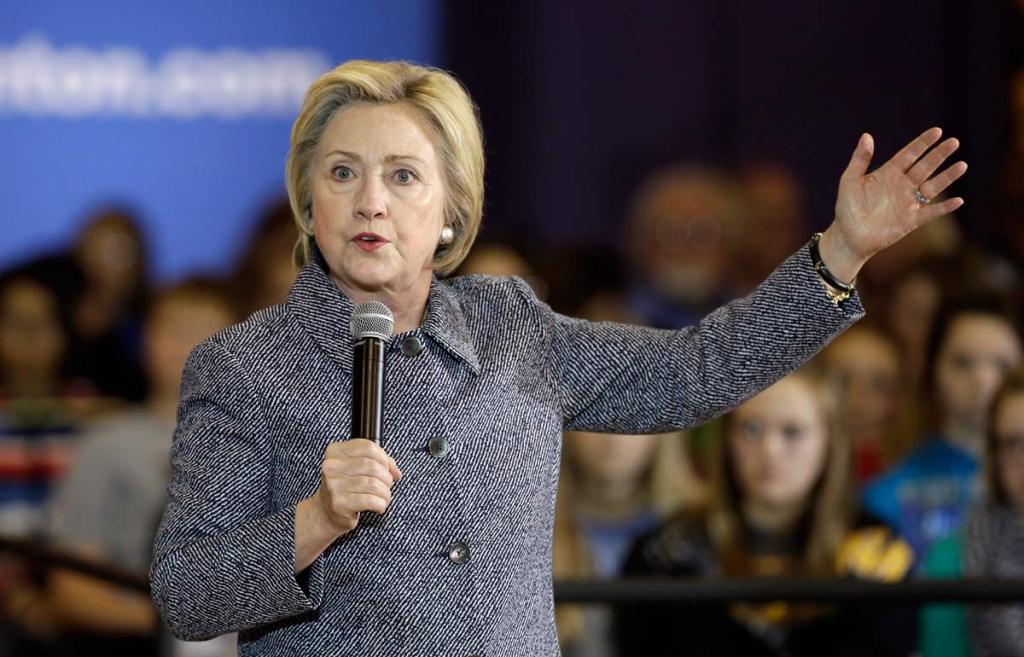 Democratic presidential candidate Hillary Clinton speaks during a town hall meeting at Keota High School in Keota Iowa