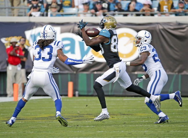 Jacksonville Jaguars wide receiver Allen Hurns catches a pass between Indianapolis Colts free safety Dwight Lowery and strong safety Mike Adams on a 80-yard pass play for a touchdown on during the second half of an NFL football game in Jack