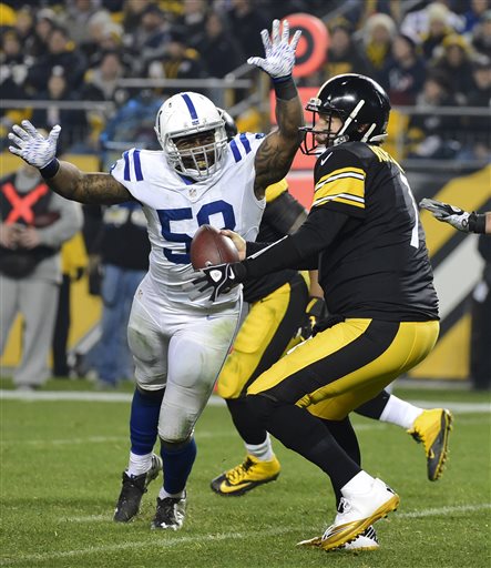 Pittsburgh Steelers quarterback Ben Roethlisberger right is sacked by Indianapolis Colts outside linebacker Trent Cole during the second half of an NFL football game Sunday Dec. 6 2015 in Pittsburgh