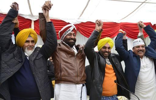 Former Bholath MLA Sukhpal Singh Khaira, express solidarity with AAP leaders Sucha Singh Chhottepur Bhagwant Mann and Sanjay Singh after joining Aam Aadmi Party in Chandigarh on Friday