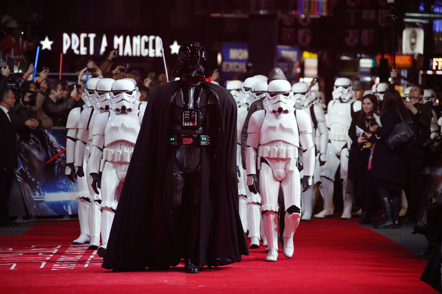 Actors dressed as Stormtroopers and Darth Vader arrive at the European premiere of the film'Star Wars The Force Awakens' in London Wednesday Dec. 16 20