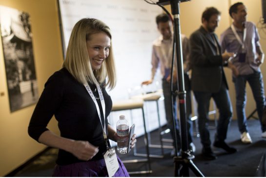 Marissa Mayer chief executive of Yahoo leaves a news conference at the Yahoo Mobile Developer Conference in San Francisco Feb. 19 2015