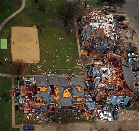 Damage to an apartment complex after Saturday’s tornado in Garland Texas