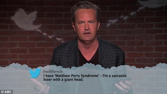 Game for a laugh Former Friends star Matthew Perry shrugged and said'What's wrong with my head? after reading out a mean tweet directed at him during Jimmy Kimmel Live! on Wednesday