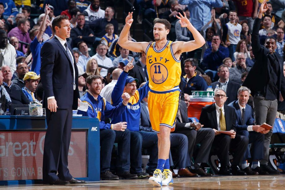 INDIANAPOLIS IN- DECEMBER 8 Klay Thompson #11 of the Golden State Warriors reacts after making a three-point basket against the Indiana Pacers in the first half of the game at Bankers Life Fieldhouse