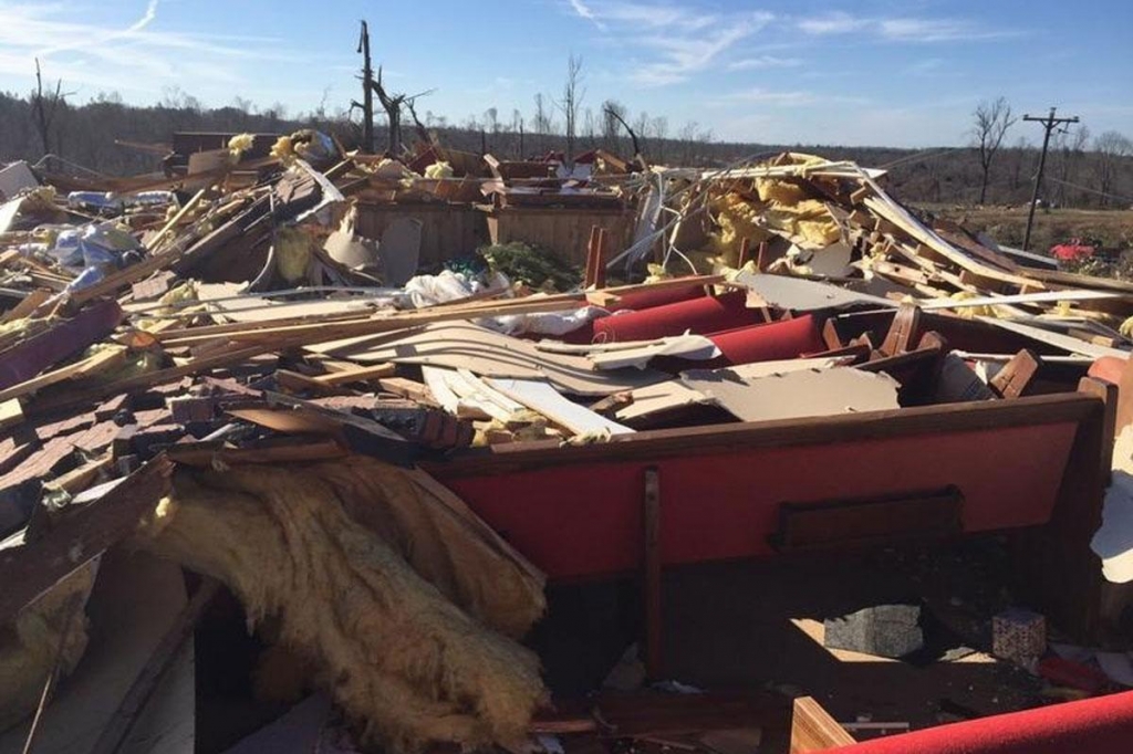 The remains of the Beverly Chapel CME Church on old Highway 4 are seen after a tornado struck Holly Springs Mississippi