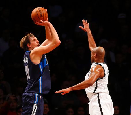 Dirk Nowitzki #41 of the Dallas Mavericks hits