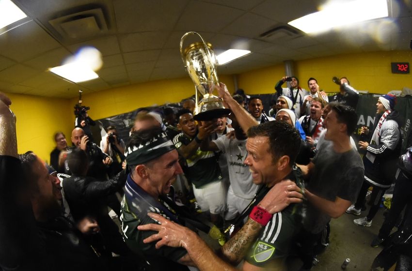 Portland Timbers celebrate in locker room after winning MLS Cup