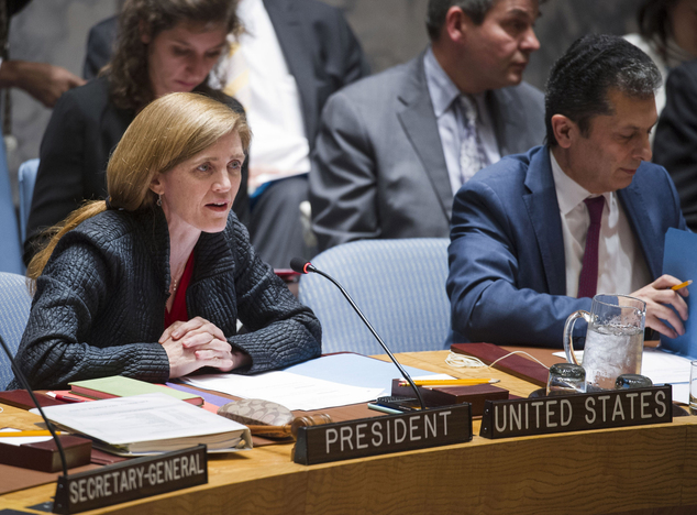 Samantha Power the United States United Nations Ambassador and President of the UN Security Council for December addresses the security council on the situ