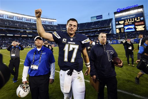 San Diego Chargers quarterback Philip Rivers leaves the field after their win against the Miami Dolphins in an NFL football game Sunday Dec. 20 2015 in San Diego