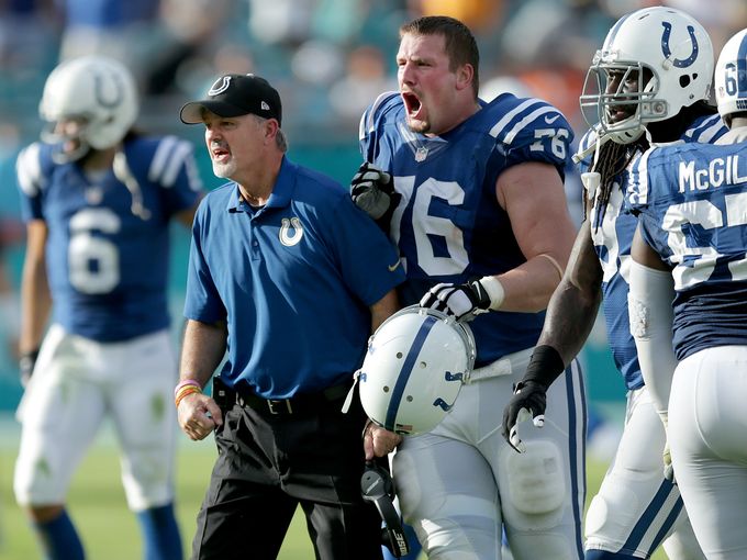 Indianapolis Colts head coach Chuck Pagano and Joe Reitz begin to celebrate their win late in the fourth quarter of their game. The Indianapolis Colts hang on to defeat the Miami Dolphins 18-12 Sunday