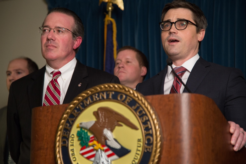 U.S. Attorney Booth Goodwin stands next to Assistant U.S. Attorney Steve Ruby at a press conference following the verdict