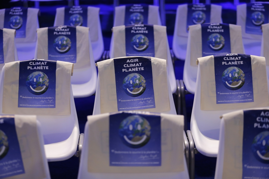 General view of chairs with bags with the message'Act Climate Planet at the World Climate Change Conference 2015 at Le Bourget near Paris France on Dec. 1 2015. While President Barack Obama attended the 2015 climate talks in Paris House