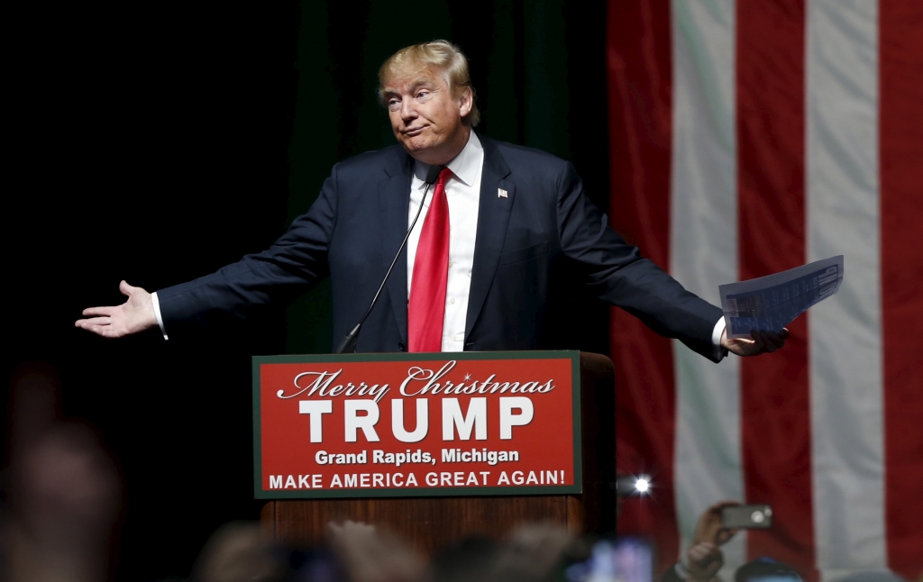 Donald Trump addresses the crowd during a campaign rally in Grand Rapids