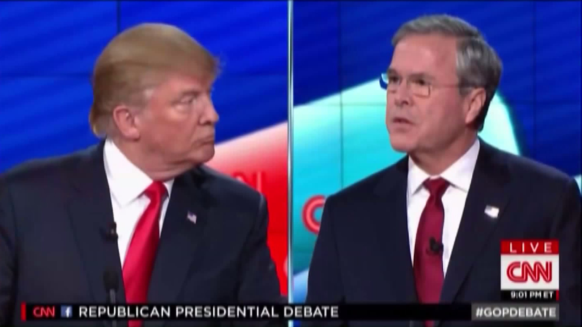 Donald Trump and Jeb Bush verbally spar at the Republican presidential debate in Las Vegas Nevada on Dec. 15 2015