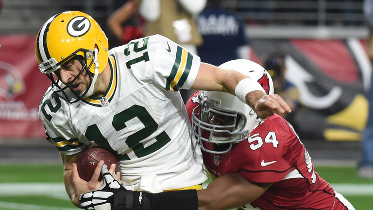 Dwight Freeney inflicts one of eight sacks on Green Bay Packers quarterback Aaron Rodgers during the Arizona Cardinals&#039 win