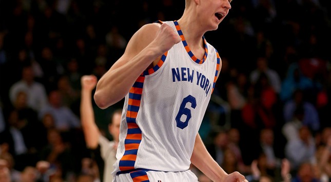 NEW YORK NY- NOVEMBER 17 Kristaps Porzingis #6 of the New York Knicks celebrates after drawing the foul in the fourth quarter against the Charlotte Hornets at Madison Square Garden