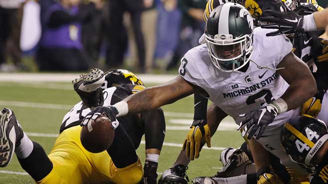 L.J. Scott's late lunge edges No. 5 Michigan St over No. 4 Iowa 16-13 for Big Ten title