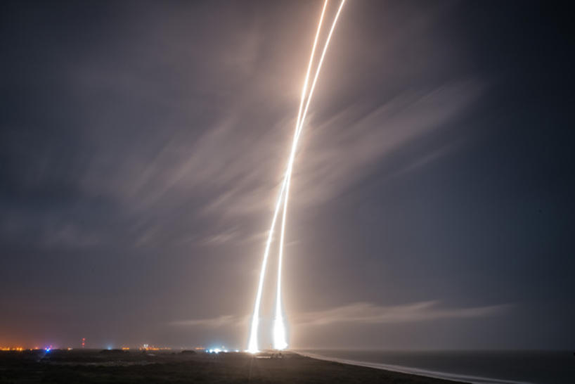 Enlarge Image This time lapse shot captures the fiery trails of both the launch and return of the SpaceX Falcon 9 rocket.               SpaceX