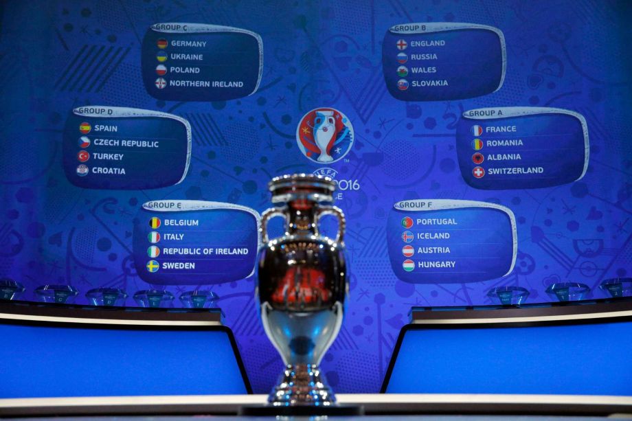 The groups for the Euro 2016 are displayed on a screen behind the trophy after the Euro 2016 soccer championships draw in Paris Saturday Dec. 12 2015