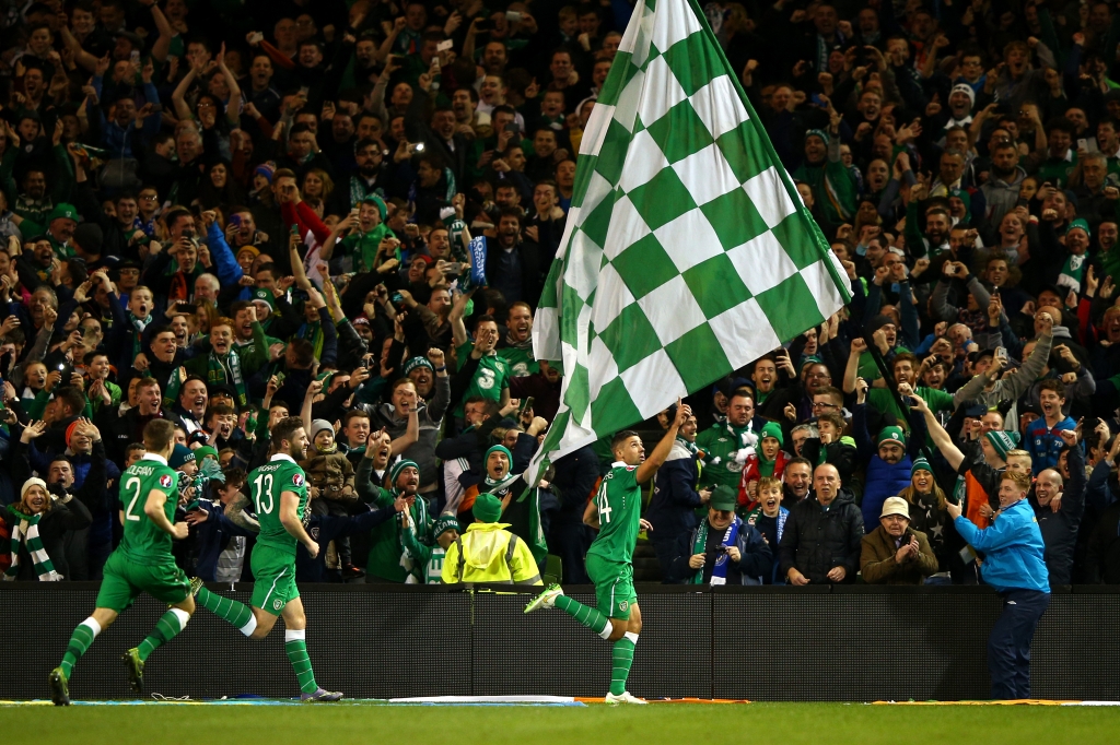 DUBLIN IRELAND- NOVEMBER 16 Jon Walters #14 of the Republic of Ireland celebrates after scoring the opening goal from the penalty spot during the UEFA EURO 2016 Qualifier play off second leg match between Republic of Ireland and Bosnia and Herzegovi