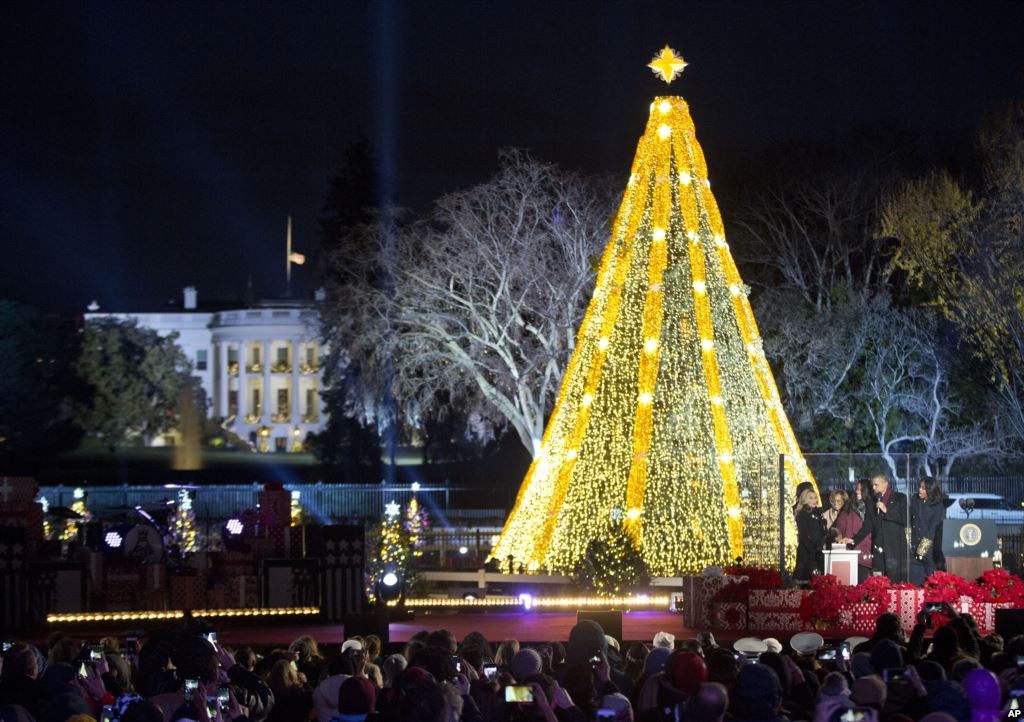 President Barack Obama first lady Michelle Obama and their daughters Sasha and Malia and Michelle's mother Marian Robinson react as they light the National Christmas Tree during the National Christmas Tree Lighting ceremony at the Ellipse in Wash