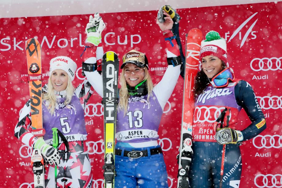 Switzerland's Lara Gut center celebrates winning the women's World Cup giant slalom ski race with second place finisher Austria's Eva Maria Brem left and third place finisher Italy's Federica Brignone Friday Nov. 27 2015 in Aspen Colo