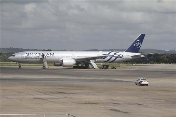 An Air France jet liner which made an emergency landing is seen at Moi International Airport in Mombasa Kenya Sunday Dec. 20 2015. The Boeing 777 Air France flight 463 from Mauritius to Paris was forced to land in the Kenyan coastal city of Mombasa aft