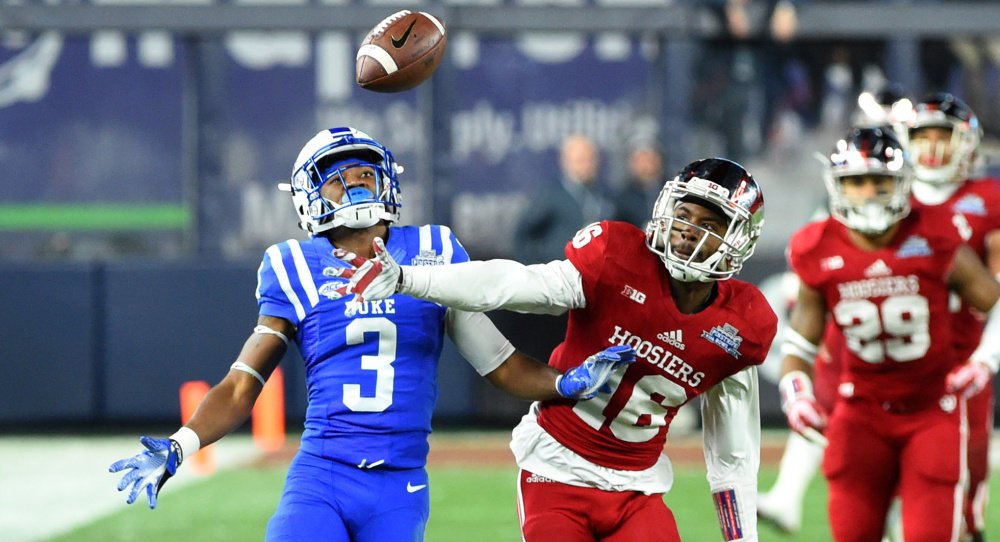 Rashard Fant of Indiana center breaks up a pass intended for T.J. Rahming of Duke during the second quarter of Duke’s 44-41 overtime victory Saturday in the Pinstripe Bowl at Yankee Stadium