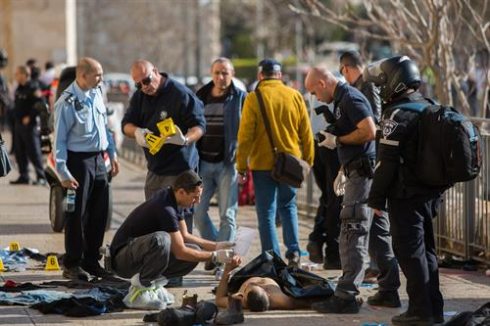 Israeli security personnel at the scene where two Palestinian stabbed three Israelis at the Old City’s Jaffa Gate in Jerusalem