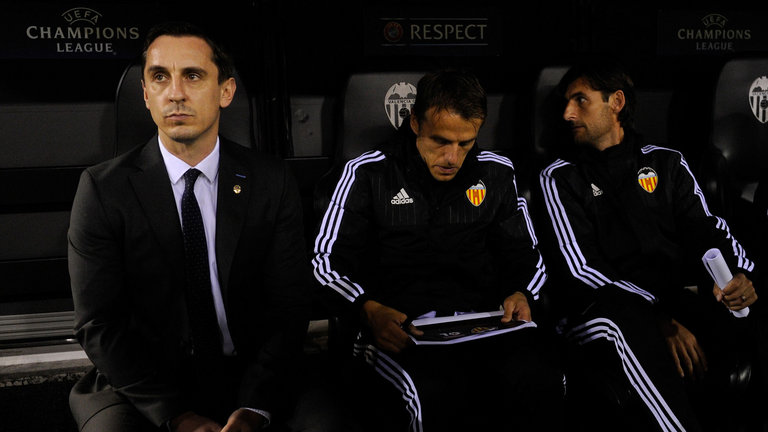 Gary Neville was on the Valencia bench for the first time