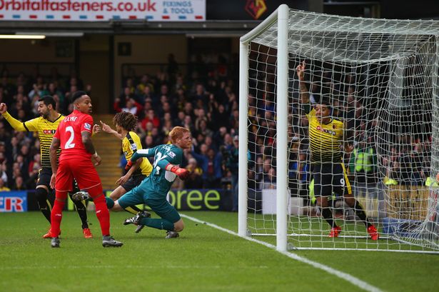 Nathan Ake of Watford turns to celebrate as he scores their first goal past goalkeeper Adam Bogdan