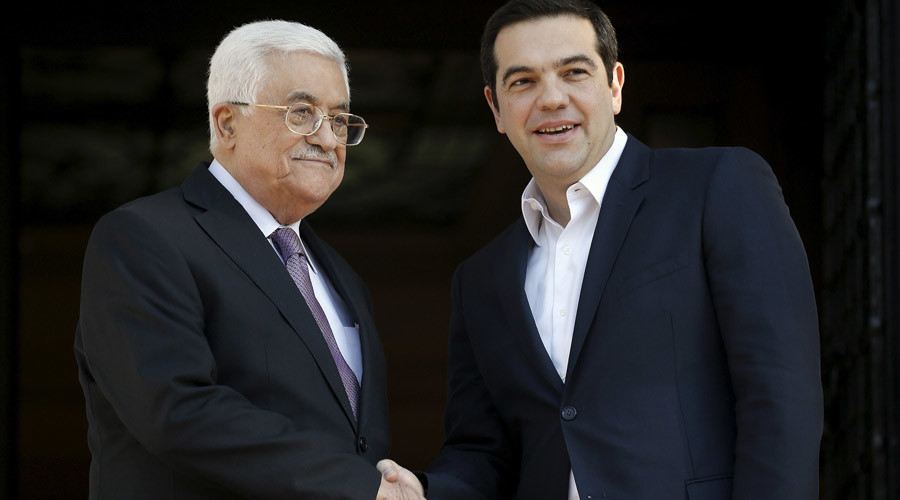 Greek Prime Minister Alexis Tsipras welcomes Palestinian President Mahmoud Abbas at the Maximos Mansion in Athens Greece