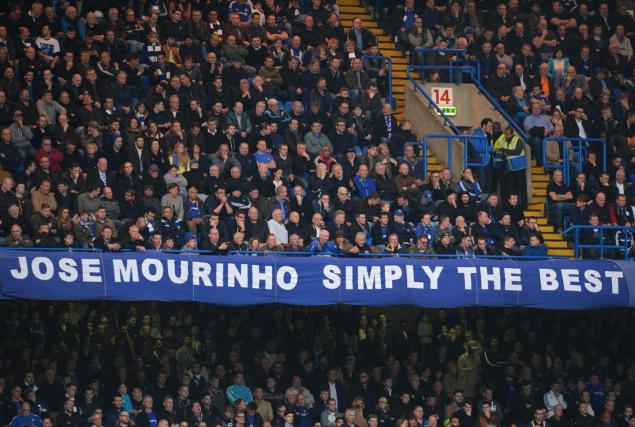 A banner in support of fired manager Jose Mourinho is displayed during the English Premier League match between Chelsea and Sunderland at Stamford Bridge in London