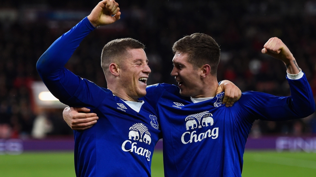 BOURNEMOUTH ENGLAND- NOVEMBER 28 Ross Barkley of Everton celebrates scoring his team's third goal with his team mate John Stones during the Barclays Premier League match between A.F.C. Bournemouth and Everton at Vitality Stadium on Novemb