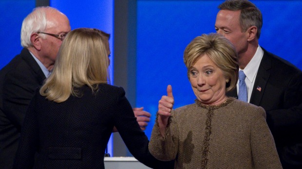 Hillary Clinton gives a thumbs-up after the Democratic presidential debate in Manchester New Hampshire