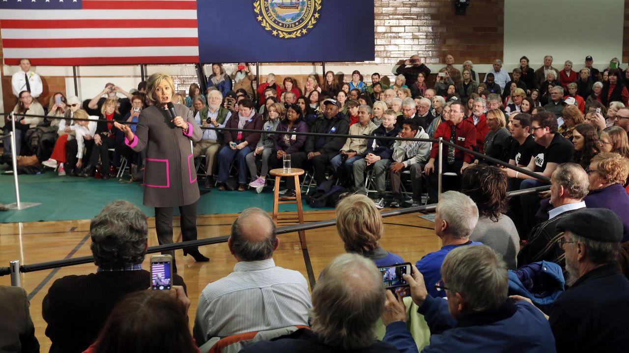 Democratic presidential candidate Hillary Clinton speaks to several hundred area residents during a town hall style meeting in the gymnasium at the Mc Connell Center on Thursday in Dover New Hampshire